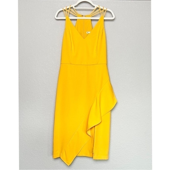 HARLYN Asymmetrical Ruffle Sleeveless V-Neck Yellow‎ Crepe Sheath Midi Dress L - Picture 3 of 8